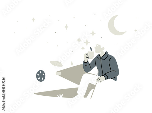 Moonlit Coffee Break. Night-drive break. Traveler illuminated by headlights while sipping coffee; glowing moon and stars above. Floating spark icons showing