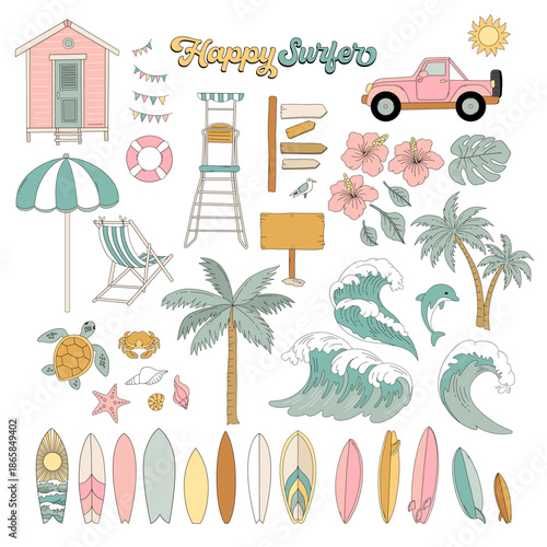 Surfer Aesthetic Summer Beach Elements Set with Palm Trees Waves Surfboards and Tropical Coastal Icons