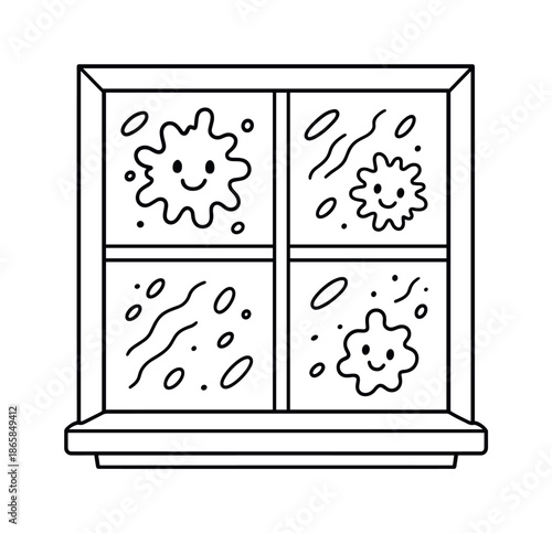 Coloring Book Window. Dirty window pane children?s coloring book illustration, outlined drawing, simple window with friendly smudges and dust marks,