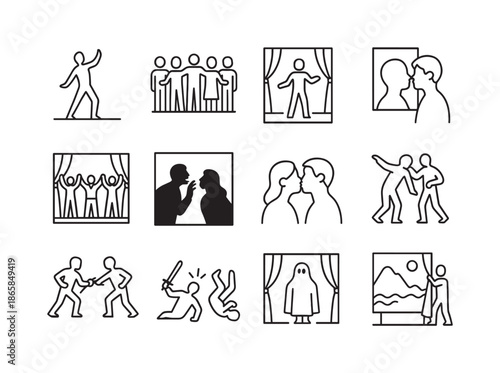 Theater Scene Icons. Iconic theater scenes. Line icon set of Iconic theater scenes: dramatic pose, ensemble moment, solo monologue, curtain call, shadow play,