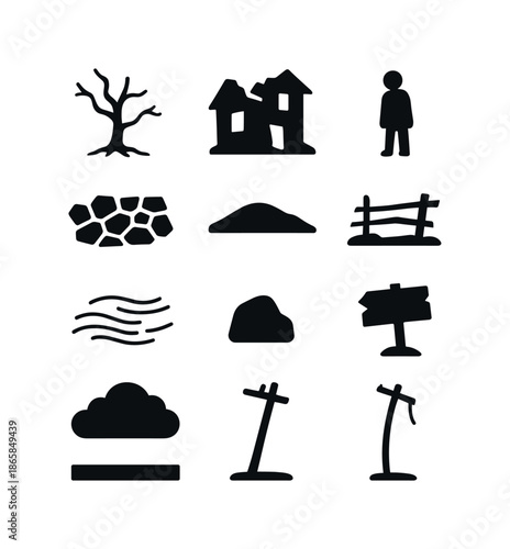 Bleak Icons Set. Bleak scenery. Solid icon set of Bleak scenery: barren tree, ruined house, dry soil cracks, lone figure, distant hill, abandoned fence, harsh