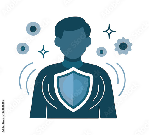 Glowing Shield of Immunity. Immune system. A glowing shield floats above a character?s chest, surrounded by orbiting cells and spark icons. Curved lines
