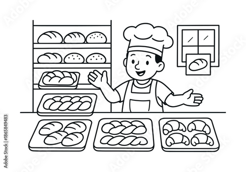 Bakery Coloring Page. Bakery scene children?s coloring book illustration, outlined drawing, simple bakery counter with stuffed breads on trays, educational