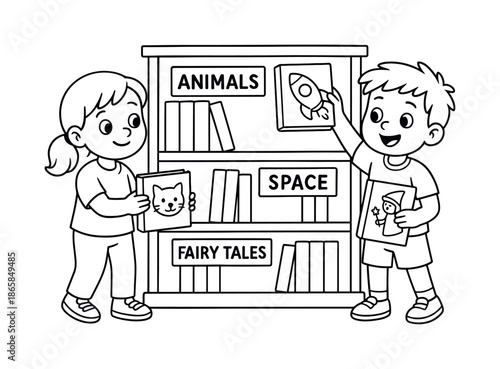 Children Organizing Books. Organizing books by category children?s coloring book illustration, outlined drawing, two children placing books on shelves labeled