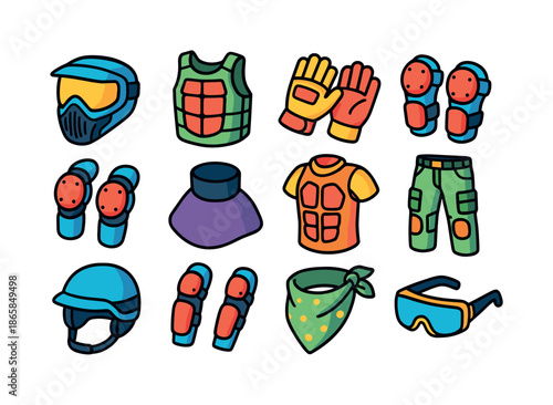 Paintball Gear Icons. Paintball protection. Colorful isometric vector icons set of paintball protection: full face mask, padded vest, gloves, elbow pads, knee