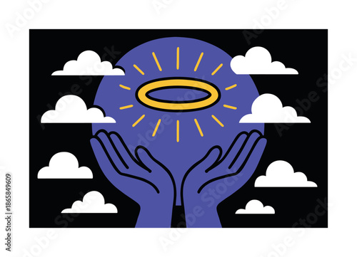 Heavenly Gift Symbol. Heaven?s quiet gift. A small bright symbol descends onto open palms; soft curves radiate peace. Subtle clouds part in the background.