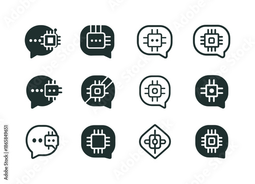 AI Business Transformation Logos. How AI transforms business. Icon set. Set Logo of how AI transforms business: chat automation bubble. harmonious logo