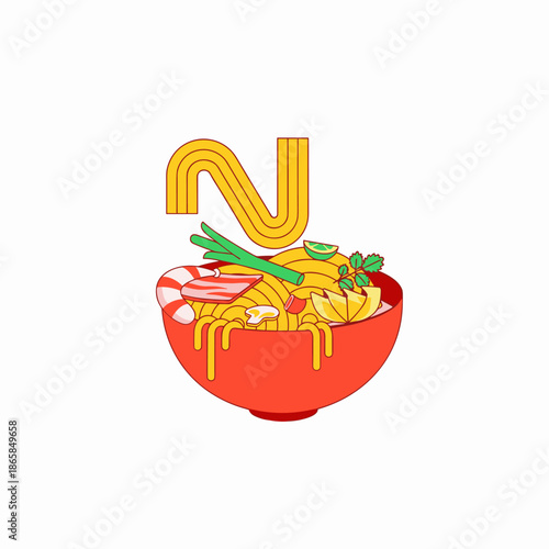 Noodle Bowl Illustration with Letter N Alphabet Food Vector Design