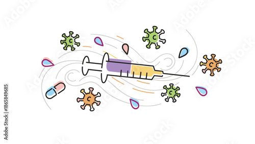 Medical Vaccination Doodle with Syringe Pills and Virus Cells Illustration
