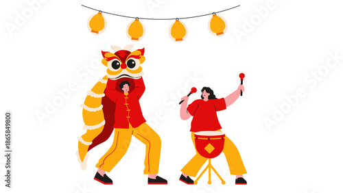 Traditional Chinese Lion Dance Performance with Drum and Lanterns Illustration