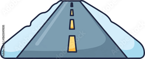 A stylized cartoon road with yellow lane markers disappearing into the distance, bordered by soft blue snowbanks