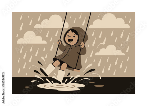 Joyful Rainy Swing. Rainy day swinging. Child in raincoat swinging with puddle splashes below; curved droplets and cloud shapes adding texture.