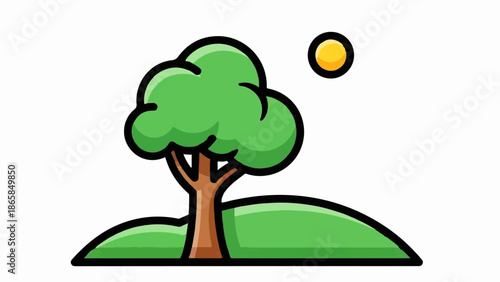 A stylized cartoon tree stands on a green, rolling hill under a bright yellow sun