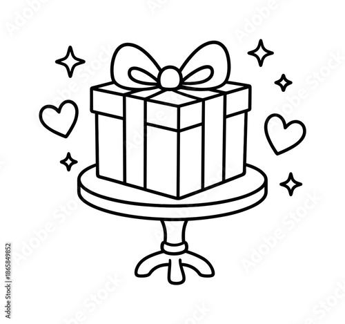 Coloring Gift Box. Special occasion gift children?s coloring book illustration, outlined drawing, elegant gift box on a small table with heart and star