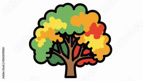 A stylized cartoon tree with a brown trunk and a dense canopy of leaves in green, yellow, orange, and red hues