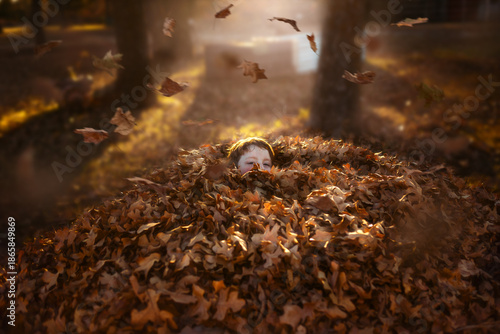 Child Hiding in Leaf Pile with Falling Leaves