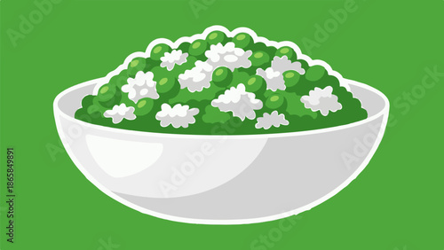 A white bowl filled with green peas and white fluffy ingredients, set against a vibrant green background