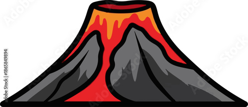 A stylized cartoon volcano erupts with molten lava flowing down its gray slopes