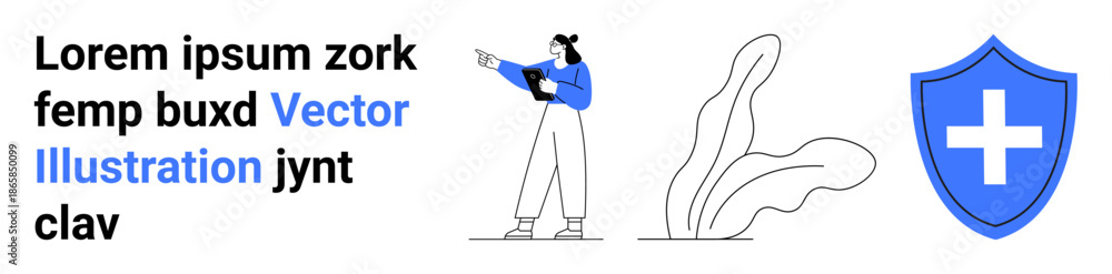 Fototapeta premium Woman holding tablet pointing sideways, blue shield with medical cross, abstract leaves, and text. Ideal for technology, healthcare, safety, guidance, learning modern design simple landing page