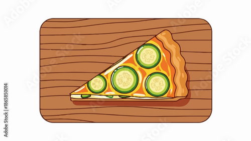 A slice of pizza with green slices on a wooden board