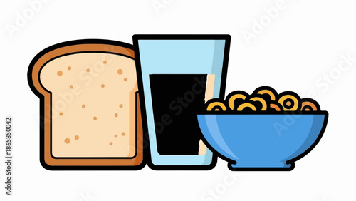 A slice of toast, a glass of dark liquid, and a blue bowl of cereal