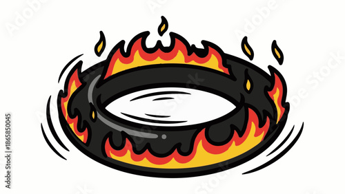 A stylized depiction of a black ring engulfed in flames, with yellow and red hues