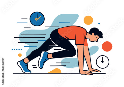 Dynamic Mountain Climbers. Mountain climbers. A person performs fast-paced mountain climbers; motion blur lines and time indicators surround them. Modern