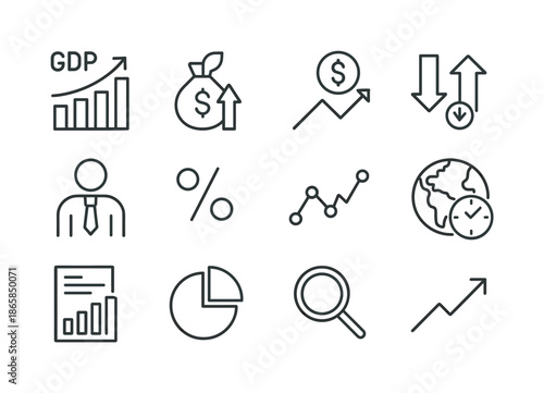 Global Economic Icons. Global economic indicators. Line icon set of Global economic indicators: GDP chart, inflation icon, currency graph, trade deficit