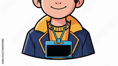 A smiling cartoon figure in a blue and yellow jacket with a blue lanyard and badge