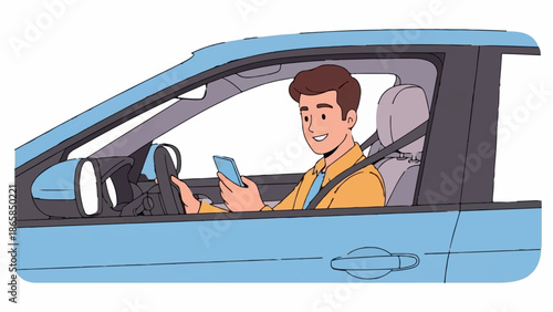 A smiling man in a yellow jacket holds a blue phone while driving a blue car