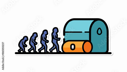 A stylized depiction of human evolution progressing towards a futuristic structure