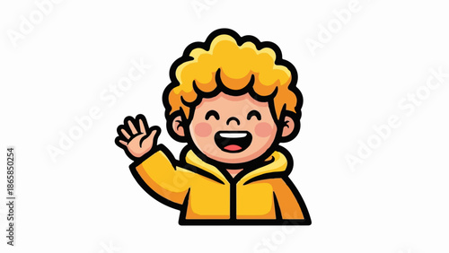 A smiling, wavy child with curly blonde hair and a yellow jacket