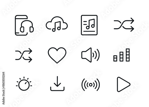 Music Streaming Icons. Music streaming. Line icon set of Music streaming: phone with headphones, cloud music, playlist, shuffle icon, repeat icon, heart like,