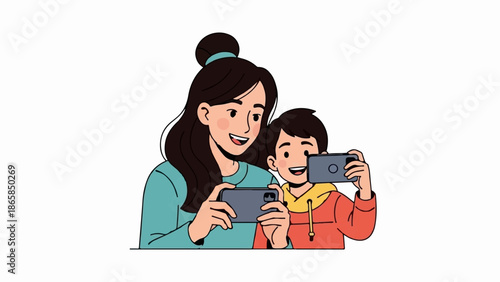 A smiling woman and a boy look at their phones, both holding them horizontally