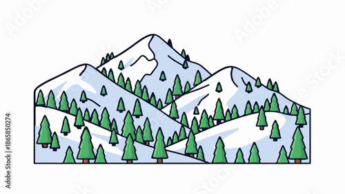 A stylized depiction of snow-covered mountains dotted with evergreen trees