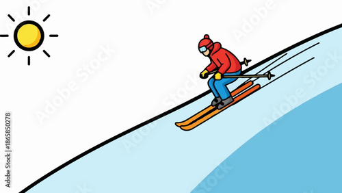 A skier in red descends a snowy slope under a bright sun