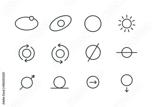 Planetary Motion Icons. Planetary motion. Line icon set of Planetary motion: orbit path, elliptical orbit, planet icon, sun center, rotation arrows, revolution