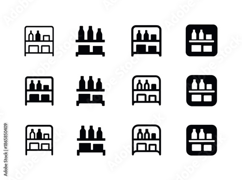 Harmonious Store Logos. Store. Icon set. Set Logo of store: product shelf. harmonious logo variations of the same emblematic concept, each with different