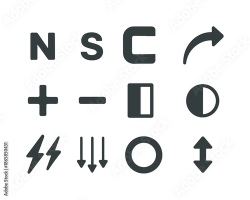 Polarity Icon Set. Polarity icons. Solid icon set of polarity icons: N symbol, S symbol, magnet ends, arrow flow, charge plus, charge minus, split bar magnet,