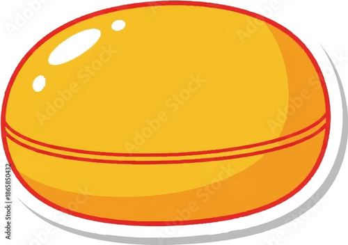 A smooth, round, yellow candy with a red outline and a glossy shine