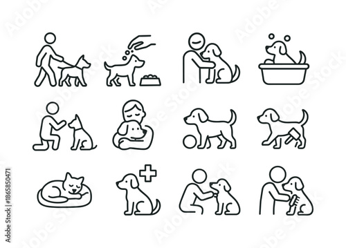 Pet Activity Icons. Pet activities. Line icon set of pet activities: walking, feeding, grooming, washing, training, cuddling, playing toy, resting bed, vet