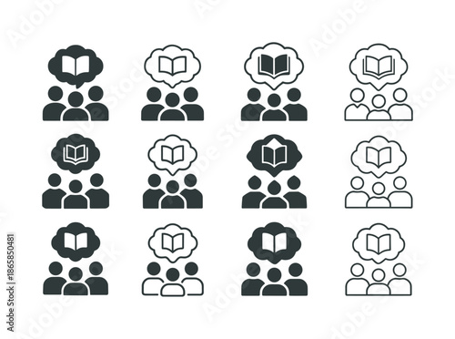Book Club Logos. A group of friends discussing a book in a book club meeting. Icon set. Set Logo of a group of friends discussing a book in a book club