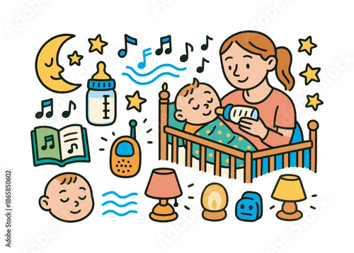 Bedtime Bottle Bliss. Bedtime feeding. Colorful Hand-drawn doodle Children illustration Bedtime feeding warm bottle, moon icon, star shapes, crib, bedtime