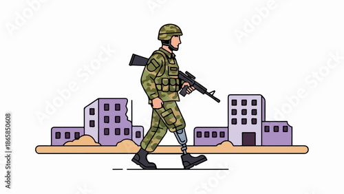 A soldier with a prosthetic leg walks through a destroyed city