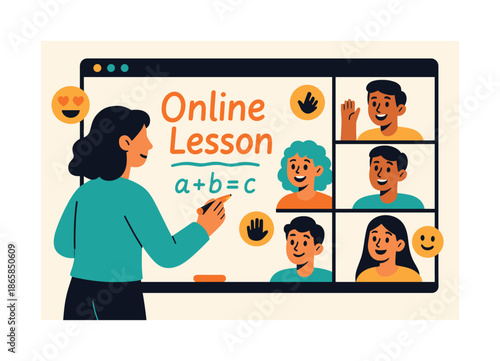 Online Learning Dynamics. Online lesson. A teacher writes on a virtual whiteboard as students react with emojis and hand-raise icons. Bright, collaborative
