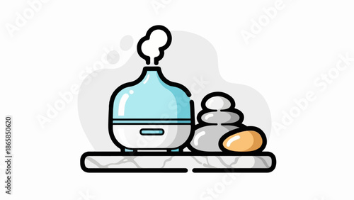 A spa-themed illustration featuring an aroma diffuser emitting vapor next to stacked stones and a smooth pebble