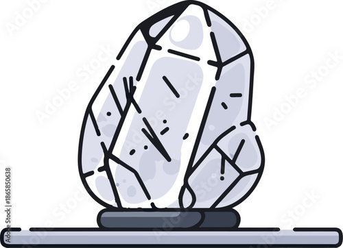 A stylized, faceted crystalline mineral rests on a sleek, rectangular base