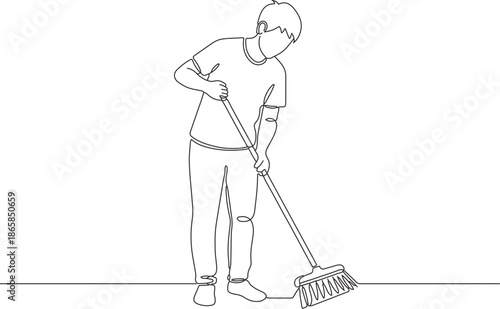 A continuous line drawing of a person cleaning the floor with a broom, highlighting the simplicity of domestic chores and the art of single-line illustration