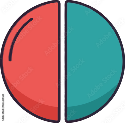 A split circle graphic with contrasting red and teal halves
