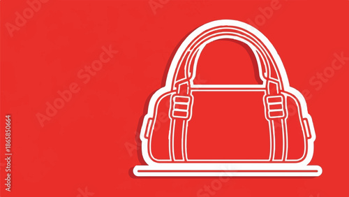 A white outline of a duffel bag rests on a vibrant red background